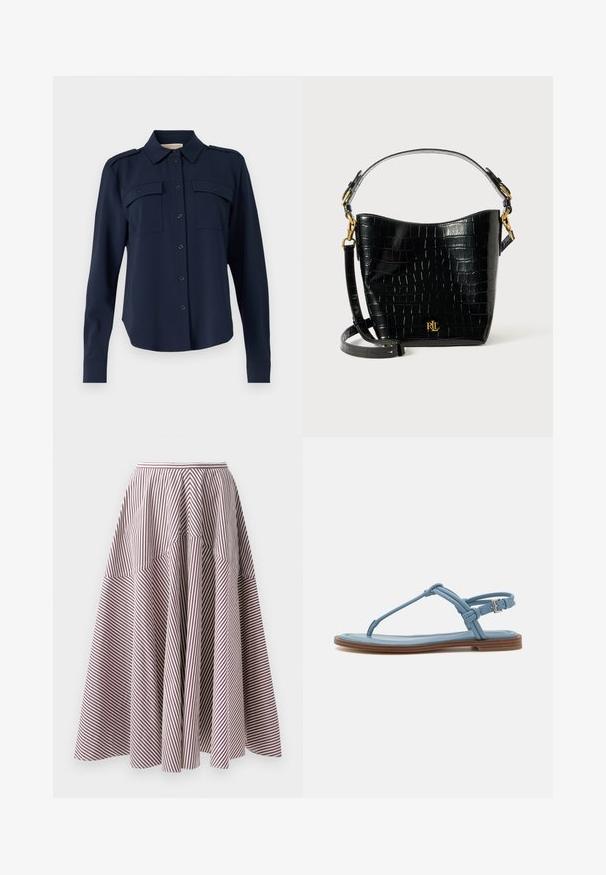 Camisa de botón azul marino hecha de una tela suave. Cuenta con dos bolsillos en el pecho, hombreras y mangas largas con puños abotonados.; Falda a rayas con líneas verticales blancas y burdeos, con un diseño acampanado y textura fruncida en la cintura, hecha de un tejido ligero.; Sandalia de dedo de cuero azul con suela plana, que presenta un diseño de tiras delgadas y un cierre de hebilla en el tobillo para un ajuste seguro.; Bolso de cuero negro con estampado de cocodrilo, de forma curvada, con detalles de hardware dorado, una correa ajustable y un logo en la parte frontal.
