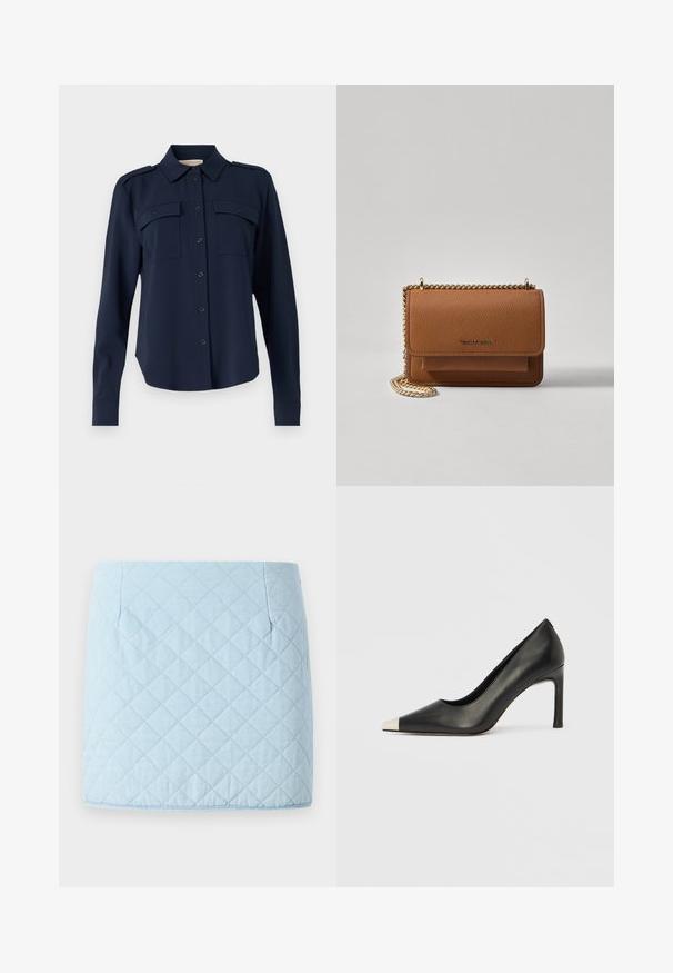 Navy blue button-up shirt made of soft fabric. Features two chest pockets, shoulder epaulets, and long sleeves with buttoned cuffs.; Light blue quilted skirt with a diamond pattern, featuring two side pockets and a straight hem. Made from a textured fabric.; Black leather high heel shoe with a pointed toe and a metallic silver cap. Features a smooth finish and a slender 10 cm heel.; Brown textured leather crossbody bag with gold chain strap and flap closure. Front features logo detail and a pocket under the flap.
