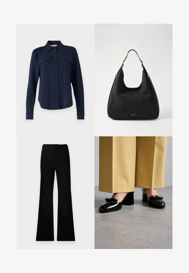 Tumedatane nööbiga särk, mis on valmistatud pehmest kangast. Omab kahte rinna taskut, õlavarre epauletti ning pikki varrukaid nööpidega mansettidega.; Mustad flared püksid, millel on sile tekstuur, kohandatud vöökoht ja ees olevad taskud, kujundatud laisa, modernse siluetiga.; Stuart Weitzman FELICITY BOW BLOCK - Klassikalised kontsakingad - black; MICHAEL Michael Kors NOLITA HOBO  - Käekott - black