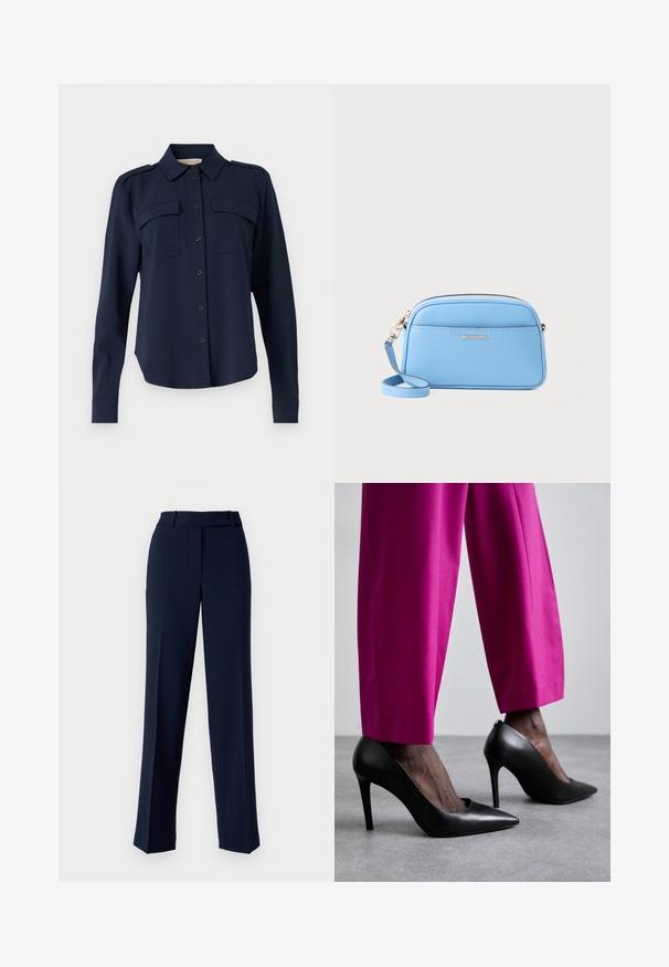 Mørkeblå skjorte med knapper lavet af blødt stof. Har to brystlommer, skulderklapper og lange ærmer med knapmanchetter.; Marineblå dressbukser lavet af glat stof, med lige ben, bæltesløjfer i taljen og frontfolder.; Sorte højhælede sko med spids tå-design og glat læderstruktur. Kombineret med lyserøde, skræddersyede bukser.; Lyseblå læder crossbody-taske med hardware i guld tone, lynlås lukning og en frontlomme. Har en justerbar rem for bekvemmelighed.