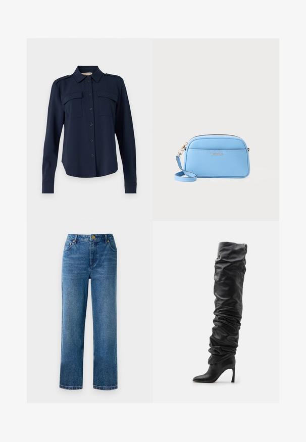 Marineblauw button-up shirt van zachte stof. Heeft twee borstzakken, schouderepauletten en lange mouwen met knopenmanchetten.; Blauwe high-waisted jeans met een rechte-pijpen-snits, gemaakt van denim, met vijf zakken en details in goudkleurige hardware.; Zwarte leren over-de-knie laars met een slouchy ontwerp, puntige neus en een stilettohak. Beschikt over een zachte textuur en geraffineerde details.; Lichtblauwe leren crossbody tas met goudkleurige hardware, ritsluiting en een voorvak. Voorzien van een verstelbare schouderband voor gemak.