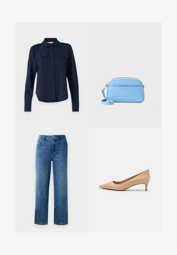 Navy blue button-up shirt made of soft fabric. Features two chest pockets, shoulder epaulets, and long sleeves with buttoned cuffs.; Blue high-waisted jeans with a straight leg cut, made of denim, featuring five pockets, and gold-tone hardware details.; Pointed-toe pump in light beige leather, featuring a low heel, smooth surface, and minimalist design with a subtle back detail.; Light blue leather crossbody bag with gold-tone hardware, zip closure, and a front pocket. Features an adjustable strap for convenience.