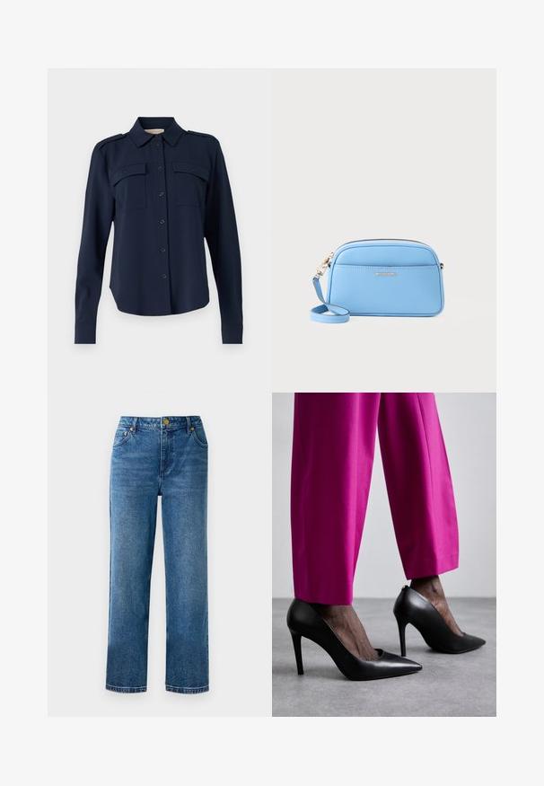 Mørkeblå skjorte med knapper lavet af blødt stof. Har to brystlommer, skulderklapper og lange ærmer med knapmanchetter.; Blå høj talje jeans med lige ben, lavet af denim, med fem lommer og detaljer i guldtonet metal.; Sorte højhælede sko med spids tå-design og glat læderstruktur. Kombineret med lyserøde, skræddersyede bukser.; Lyseblå læder crossbody-taske med hardware i guld tone, lynlås lukning og en frontlomme. Har en justerbar rem for bekvemmelighed.