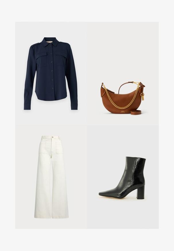 Navy blue button-up shirt made of soft fabric. Features two chest pockets, shoulder epaulets, and long sleeves with buttoned cuffs.; Wide-leg jeans in off-white denim. High-waisted design with a button closure, two front pockets, and contrast stitching details.; Black ankle boot made of glossy leather with a pointed toe and a chunky, square heel. Features a smooth texture and minimalistic design.; Brown leather handbag with a curved design, gold chain strap, interior pocket, and a detachable shoulder strap. Features contrasting stitching.