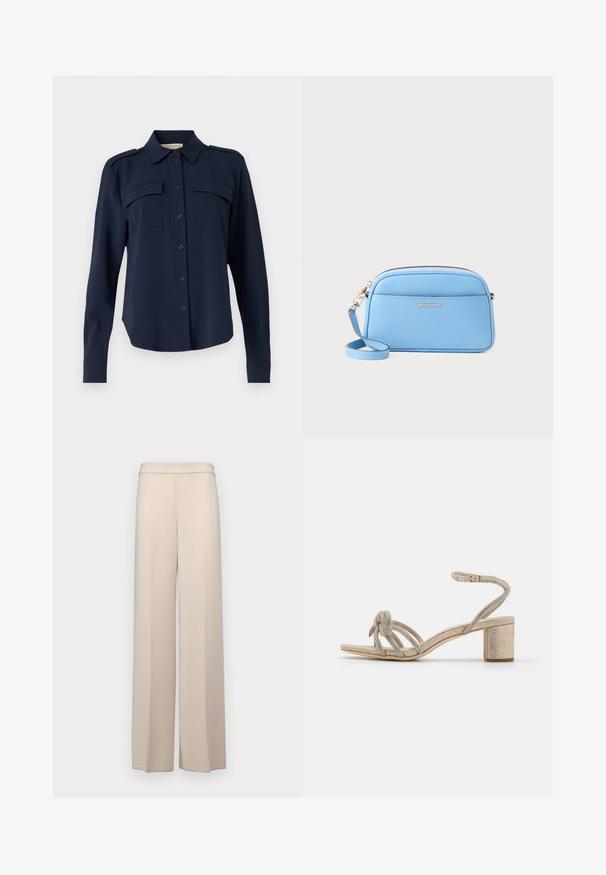 Camisa de botón azul marino hecha de una tela suave. Cuenta con dos bolsillos en el pecho, hombreras y mangas largas con puños abotonados.; Pantalones de pierna ancha en color beige, confeccionados en una tela suave, con una cintura alta y ligeros pliegues frontales. Sin bolsillos ni detalles de hardware visibles.; Sandalias de tacón doradas con tacón cuadrado, que cuentan con una cinta delantera anudada y varias cintas finas adornadas con acentos metálicos.; Bolso cruzado de cuero azul claro con herrajes en tono dorado, cierre de cremallera y un bolsillo frontal. cuenta con una correa ajustable para mayor comodidad.
