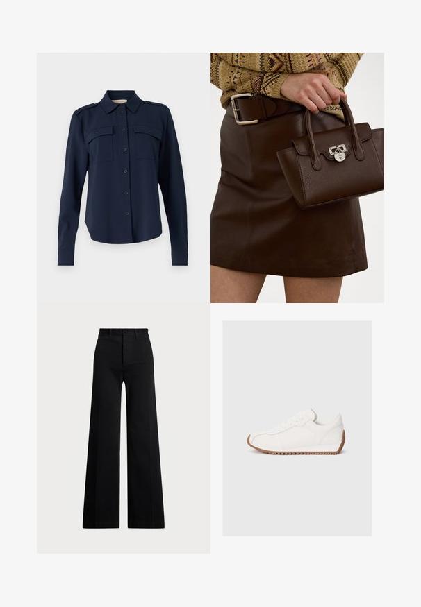 Navy blue button-up shirt made of soft fabric. Features two chest pockets, shoulder epaulets, and long sleeves with buttoned cuffs.; Black wide-leg pants made of woven fabric, featuring a high waist, front button closure, and side pockets. Smooth texture with clean lines.; White sneaker with smooth leather upper, textured rubber sole, rounded toe, and subtle stitching details. Contrasting brown rubber outsole.; Brown leather handbag with a textured finish and silver hardware, held with a hand beside a brown leather skirt and patterned sweater.