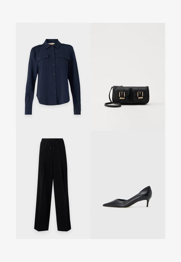 Navy blå button-up skjorte laget av mykt stoff. Har to brystlommer, skulderepauleter og lange ermer med knappedempede manchetter.; Svarte bukser med avslappet passform, plisserte foran, elastisk liv og snor. Stoffet ser glatt ut med en lett glans.; Sort lærpumps med spiss tupp og lav hæl. Har en jevn tekstur og subtil glans. Åpen utskjæring foran for ekstra detalj.; Svart skinn crossbody veske med to frontlommer, gyldne spenner, glidelåslukking og en slank stropp. Teksturert overflate og kompakt rektangulær form.