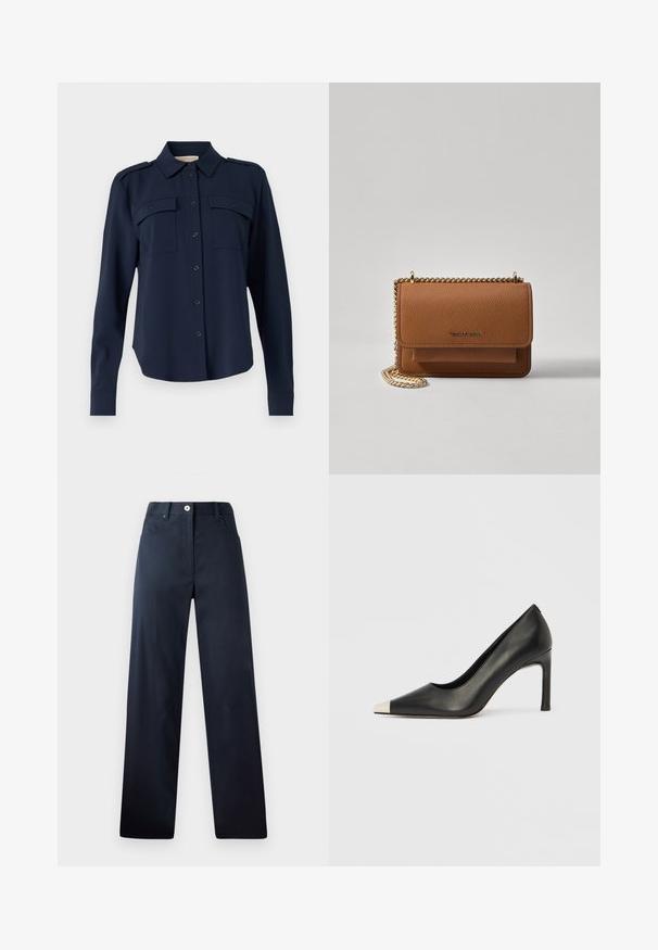 Chemise boutonnée bleu marine en tissu doux. Elle comporte deux poches poitrine, des épaulettes et des manches longues avec des poignets boutonnés.; Pantalon bleu marine foncé avec une coupe droite, fabriqué en tissu lisse. Comprend des poches avant, une fermeture à bouton et des détails de couture subtils.; Chaussure à talon haut en cuir noir avec bout pointu et capuchon argenté métallique. Présente une finition lisse et un talon fin de 10 cm.; Sac en cuir texturé marron en bandoulière avec une sangle en chaîne dorée et une fermeture à rabat. L'avant présente un détail de logo et une poche sous le rabat.