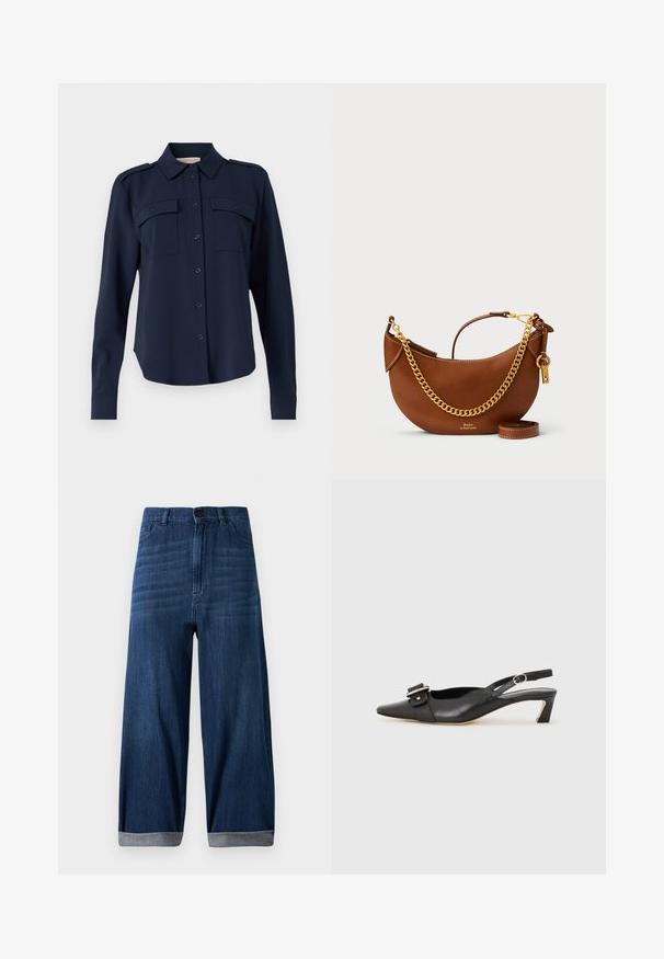 Tumedatane nööbiga särk, mis on valmistatud pehmest kangast. Omab kahte rinna taskut, õlavarre epauletti ning pikki varrukaid nööpidega mansettidega.; Tumed sinised laiad denim teksad, mille allääred on keeratud, esiklahv ja taskud, mis on lihtsa heleda tausta taustal.; Must must nahk slingback kingad terava varbaga, väikese kontsaga ja dekoratiivse pandlaga ülaosas. Sile tekstuur, minimalistlik disain.; Pruun nahast käekott kaarjate joontega, kullast ketirihm, sisemine tasku ja eemaldatav õlarihm. Omab kontrastset õmblust.