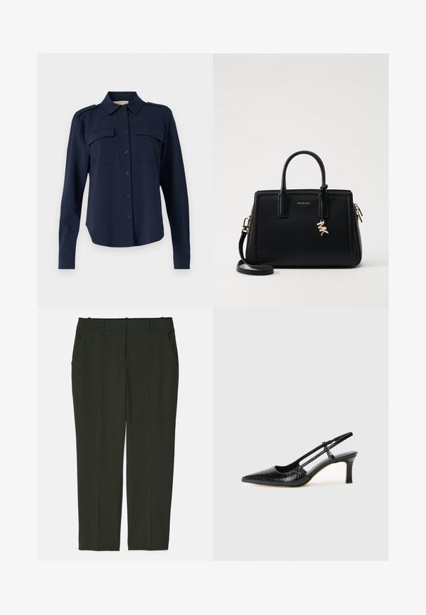Camisa azul-marinho de botão feita de tecido macio. Apresenta dois bolsos no peito, epauletes nos ombros e mangas longas com punhos abotoados.; Calças ajustadas de cor verde escuro, feitas de um tecido suave. Apresenta dois bolsos frontais, uma cintura plana e um design de perna reta sem padrões visíveis.; Salto slingback em patente preta com bico apontado, apresentando um padrão de pele de cobra texturizado, tira ajustável e um salto bloco curto e texturizado.; Malinha de couro preta com design estruturado, duas alças superiores, alça de ombro destacável, ferragens douradas e um charme com logótipo como destaque.
