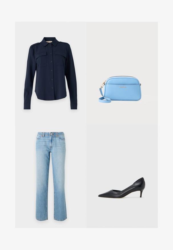 Tumši zila pogu krekls, kas izgatavots no mīksta auduma. Iespējas: divas krūšu kabatas, plecu uzlikas un garas piedurknes ar pogājamiem aprocēm.; RE/DONE THE SANASA - Brīva piegriezuma džinsi - media noche; Melna ādas kurpe ar smailu purngalu un zemu papēdi. Raksturota ar gludu tekstūru un smalku spīdumu. Priekša ar atvērtu izgriezumu papildu detaļai.; Gaiši zila ādas plecu soma ar zeltītām detaļām, ar rāvējslēdzēju un priekšējo kabatu. Iespējams regulēt siksnu, lai nodrošinātu ērtību.