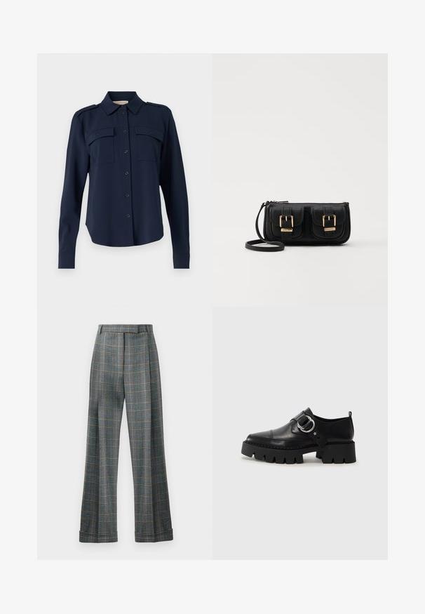 Mørkeblå skjorte med knapper lavet af blødt stof. Har to brystlommer, skulderklapper og lange ærmer med knapmanchetter.; Rutet bukser med en farvesammensætning i blå, grå og orange, bred ben design og pressed folds; lavet af et struktureret stof.; Sorte lædersko med en kraftig, rillede sål, der har en cirkulær sølvhardware accent og minimal syningsdetalje.; Sort læder crossbody taske med to frontlommer, guldspænder, lynlåslukning og en slank rem. Struktureret overflade og kompakt rektangulær form.