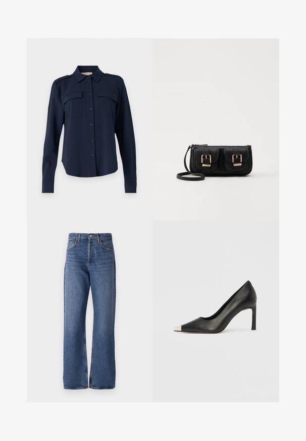 Mornarno modra srajca s gumbi, izdelana iz mehkega materiala. Ima dve žepoma na prsih, ramenske epaulety in dolge rokave z gumbastimi manšeti.; Modre kavbojke z visokim pasom, širokim krojem, klasičnim petim žepnim oblikovanjem in rahlo blago zbledelo tkanino.; Črni usnjeni čevelj z visokim petom, s koničastim prstom in kovinsko srebrno kapico. Ima gladko površino in vitko peto višine 10 cm.; Črna usnjena torbica čez ramo z dvema sprednjima žepoma, zlatimi zaponkami, zadrgo in ozkim pasom. Tekstura površine je strukturirana, obliko pa ima kompaktno pravokotno.