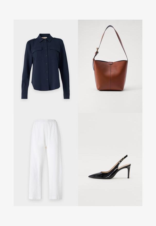 Tumedatane nööbiga särk, mis on valmistatud pehmest kangast. Omab kahte rinna taskut, õlavarre epauletti ning pikki varrukaid nööpidega mansettidega.; Valged, lõdva lõikega püksid elastse vöökohtaga, valmistatud tekstureeritud kangast. Sirge jala disain, lihtsad servadega varrukad.; Must hõbedavärvi patendiga slingback kontsakingad terava varbaga, kitsas konts ja peene lõikega disain. Statistika on kuldne pandla rihmal.; Pruun nahast õlakott, millel on kaarjas kuju, sile tekstuur ja üks õhuke rihm. Omab peent õmblust ja väikest logo detaili.