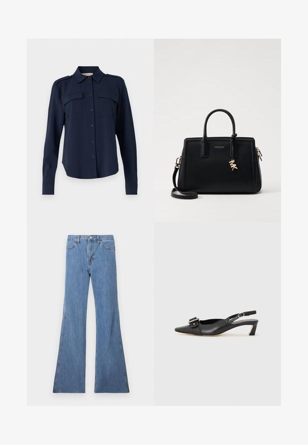 Camisa de botón azul marino hecha de una tela suave. Cuenta con dos bolsillos en el pecho, hombreras y mangas largas con puños abotonados.; Jeans acampanados de mezclilla azul claro con cintura alta, que presentan un clásico diseño de cinco bolsillos y costuras de contraste a lo largo de las costuras.; Zapato slingback de cuero negro con punta afilada, tacón pequeño y detalle de hebilla decorativa en la parte superior. Textura suave, diseño minimalista.; Bolso de piel negra con diseño estructurado, doble asa superior, correa de hombro desmontable, herrajes dorados y un charm de logo como acento.