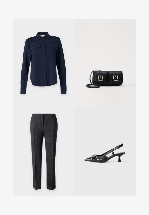 Granatowa koszula zapinana na guziki, wykonana z miękkiego materiału. Posiada dwie kieszenie na piersiach, pagony na ramionach oraz długie rękawy z guzikiem na mankietach.; Ciemnoszare dopasowane spodnie wykonane z fakturowanej tkaniny, z bocznymi zaszewkami, prostymi nogawkami i czystym paskiem w talii bez widocznych zapięć.; Czarne skórzane buty typu slingback z ostrym noskiem, ozdobnymi paskami z metalowymi oczkami oraz niskim klinowym obcasem. Teksturowana powierzchnia.; Czarna skórzana torba na ramię z dwoma przednimi kieszeniami, złotymi klamrami, zamkiem błyskawicznym i cienkim paskiem. Teksturowana powierzchnia i kompaktowy prostokątny kształt.