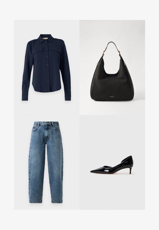 Tumedatane nööbiga särk, mis on valmistatud pehmest kangast. Omab kahte rinna taskut, õlavarre epauletti ning pikki varrukaid nööpidega mansettidega.; Heled sinise denimi teksad, otse jala disainiga, kõrge vöökoht ja minimalistlik õmblemine. Klassikaline viie taskuga stiil metallistdetailidega.; Must musta nahk kingad naistele, terava ninaga ja madala kontsaga, kujutatud külgvaates halli tausta ees.; MICHAEL Michael Kors NOLITA HOBO  - Käekott - black