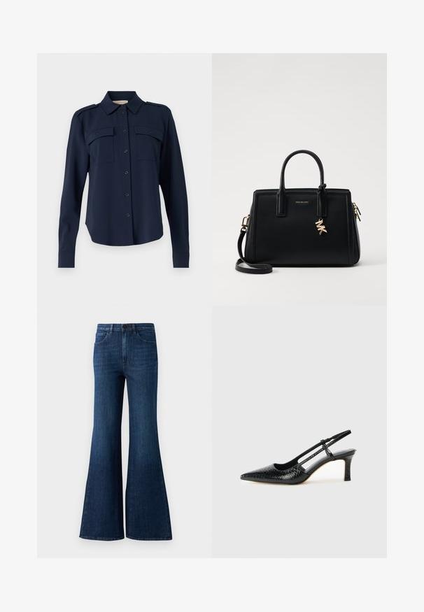 Navy blå button-up skjorte laget av mykt stoff. Har to brystlommer, skulderepauleter og lange ermer med knappedempede manchetter.; Mørkeblå høyveise flared jeans med frontknapp, glidelås og fem-lommers design på hvit bakgrunn.; Sorte patent slingback hæl med spids tå, featuring tekstureret slangeskind, justerbar rem og en kort, tekstureret blokhæl.; Svart skinnhåndveske med strukturert design, doble topphåndtak, avtakbar skulderrem, gullfarget hardware og en logo-detalj.