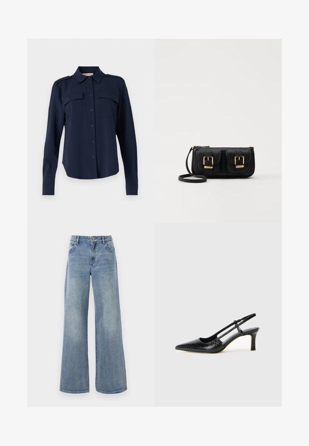 Ναυτικό μπλε πουκάμισο με κουμπιά, φτιαγμένο από μαλακό ύφασμα. Διαθέτει δύο τσέπες στο στήθος, επωμίδες στους ώμους και μακριά μανίκια με κουμπωτές μανσέτες.; MICHAEL Michael Kors WIDE LEG  - Τζιν χαλαρής εφαρμογής - blue; Μαύρη πατέντα σλινγκμπάκ γόβα με μυτερή μύτη, διαθέτει υφή από φίδι, ρυθμιζόμενο λουρί και κοντή, υφή τετράγωνη φτέρνα.; Μαύρη δερμάτινη τσάντα ώμου με δύο μπροστινές τσέπες, χρυσά κούμπωματα, κλείσιμο με φερμουάρ και λεπτό λουρί. Υφή επιφάνειας και κομψό ορθογώνιο σχήμα.