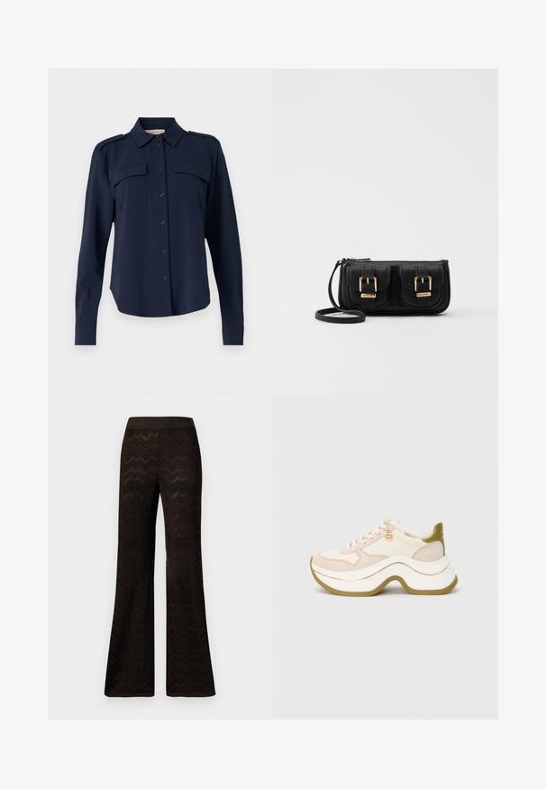 Mornarno modra srajca s gumbi, izdelana iz mehkega materiala. Ima dve žepoma na prsih, ramenske epaulety in dolge rokave z gumbastimi manšeti.; Široke črne hlače z zigzag pletenim vzorcem in elastičnim pasom, prikazane na enobarvni beli podlagi.; Bež in bela masivna športna obutev z valovitim debelim podplatom, olivnimi detajli, vezalkami in majhnim zlatim charmom blagovne znamke na strani, na enobarvni sivi podlagi.; Črna usnjena torbica čez ramo z dvema sprednjima žepoma, zlatimi zaponkami, zadrgo in ozkim pasom. Tekstura površine je strukturirana, obliko pa ima kompaktno pravokotno.
