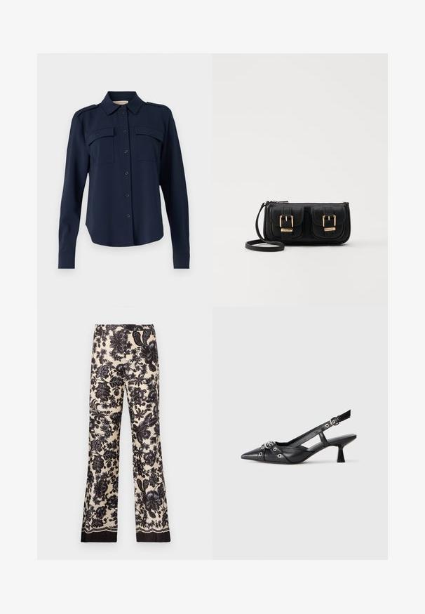 Marineblauw button-up shirt van zachte stof. Heeft twee borstzakken, schouderepauletten en lange mouwen met knopenmanchetten.; Bloemenpatroon wijde broek in crème met zwarte tinten. Heeft een zijdeachtige textuur en contrasterende donkere afwerking aan de zoom.; Zwarte leren slingback schoen met een puntige neus, decoratieve banden met metalen oogjes en een lage blokhak. Textuur oppervlak.; Zwarte leren schoudertas met twee vo pockets, gouden gespen, ritsluiting en een smalle band. Tekstuur oppervlak en compacte rechthoekige vorm.