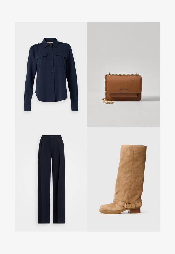 Námornícky modrá košeľa na gombíky vyrobená z jemného materiálu. Obsahuje dve náprsné vrecká, ramenné epauletky a dlhé rukávy s gombíkovými manžetami.; Námornícke nohavice s širokými nohavicami a záhybmi, so zapínaním na gombík a hladkou textúrou látky. Navrhnuté pre voľný, pohodlný strih.; Svetlohnedá semišová čižma do polovice lýtok s nízkym stohovaným podpätkom, zaoblenou špičkou a nastaviteľným pásikom so zlatou prackou okolo členka.; Hnedá textúrovaná kožená taška cez telo s zlatým reťazovým popruhom a preklopným uzáverom. Predná strana obsahuje detail s logom a vrecko pod preklopkou.