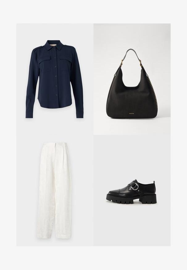 Granatowa koszula zapinana na guziki, wykonana z miękkiego materiału. Posiada dwie kieszenie na piersiach, pagony na ramionach oraz długie rękawy z guzikiem na mankietach.; Białe spodnie o szerokich nogawkach wykonane z gładkiego, teksturowanego materiału, z delikatnym kwiatowym wzorem i plisowanym przodem.; Czarne skórzane buty z masywną, żebrowaną podeszwą, z okrągłym akcentem ze srebrnego metalu i minimalnymi detalami szwów.; MICHAEL Michael Kors NOLITA czarny