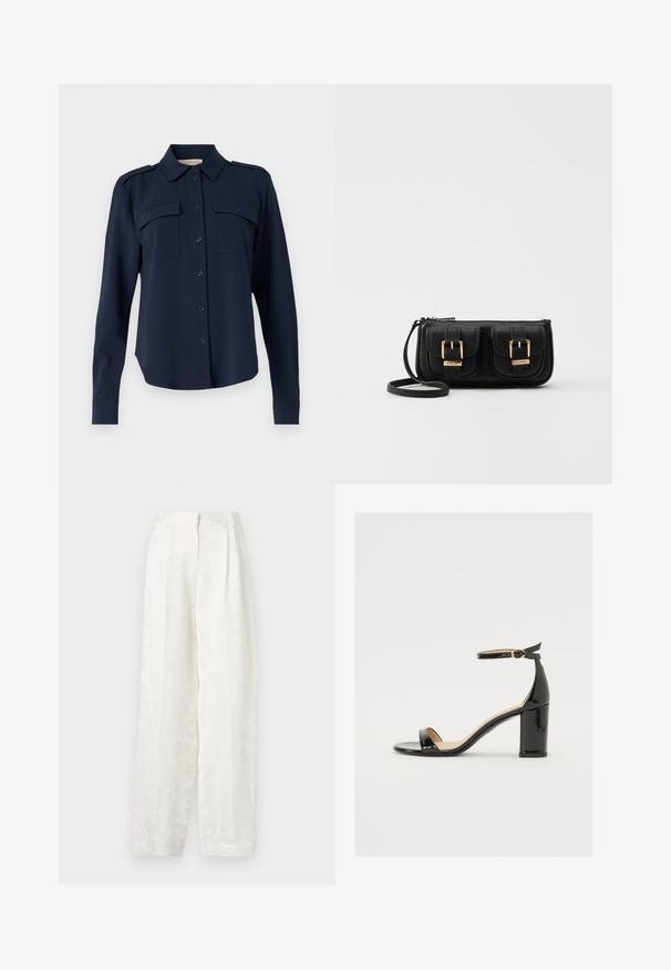 Tummansininen nappipaita pehmeästä kankaasta. Ominaisuuksia ovat kaksi rintataskua, hartiaputket ja pitkät hihat nappikiinnityksellä.; Valkoiset, leveät housut, jotka on valmistettu sileästä, teksturoidusta kankaasta, jossa on hienovarainen kukkakuosi ja laskostettu etuosa.; Mustat patenttinahtiset sandaalit, joissa on leveä korko, avoin varvas ja nilkkahihna, jossa on kultainen solki. Suora pinta ja tyylikäs muotoilu.; Musta nahkainen olkalaukku, jossa on kaksi etutaskua, kultaiset soljet, vetoketjukiinnitys ja kapea hihna. Teksturoidun pinnan ja kompaktin suorakaiteen muoto.