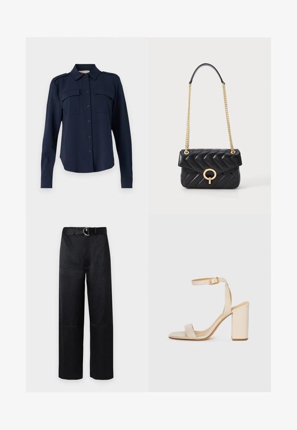 Mornarno modra srajca s gumbi, izdelana iz mehkega materiala. Ima dve žepoma na prsih, ramenske epaulety in dolge rokave z gumbastimi manšeti.; Črne široke hlače z teksturirano površino, ki imajo pas z okroglim srebrnim sponko in minimalnimi šivi.; Bež visoke sandale s kvadratnim nosom, tankim trakicama okoli gležnja in blok peto. Gladka usnjena tekstura s podrobnostjo v zlati barvi.; Črna prešita usnjena torbica z zlatim verižnim naramkom, ki ima zaokrožen zlati sponko in zapiranje na preklop. Kompaktna pravokotna oblika.