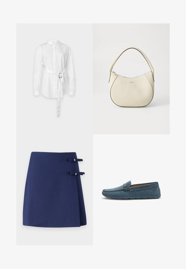 Valkoinen nappipusero pitkillä hihoilla, vyötäröllä vyö metallirenkaalla, muotoiltu istuvuus ja sileä puuvillakangas.; Laivansininen kietaisuhame, jossa on tekstuuripinta, ja jossa on kaksi pientä kangasnauhaa koristeena sivuilla. Yksinkertainen ja jämäkkä muotoilu.; Siniset mokkasiinit, joissa on tasainen pohja, reunassa ommeltu kuviointi ja koristeellinen metallidetalji edessä.; Kermakallinen käsilaukku tekstuuripinnalla, kaarevassa muodossa, lyhyellä varrella ja kultaisella logotunnuksella. Vetoketjukiinnitys ylhäällä.