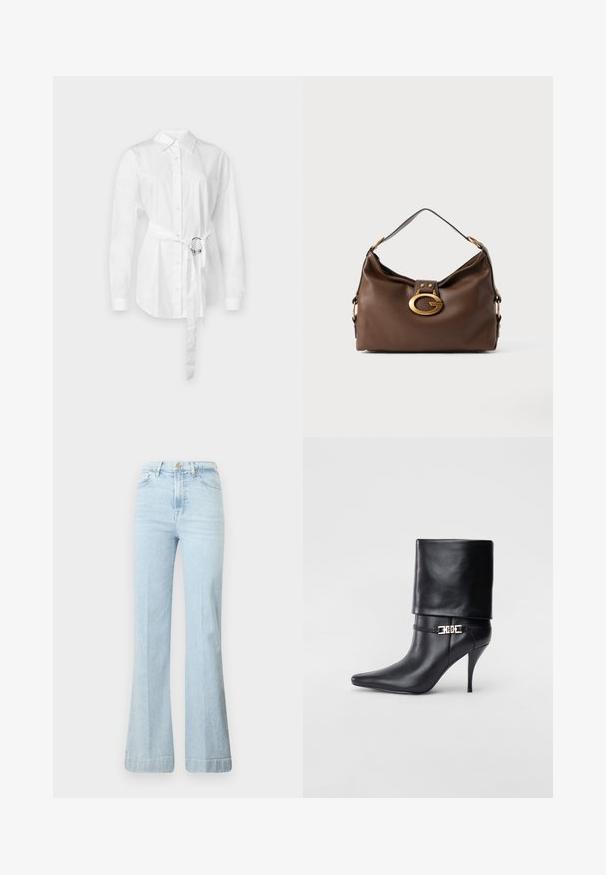 Biely košeľový top s dlhými rukávmi, so zvýrazneným pásom s kovovým krúžkom, prispôsobený strih a hladká bavlnená látka.; Svetlomodré zvonové džínsy vyrobené z denimu. Majú vysoký pás, zips a dve predné vrecká. Jemné blednutie na látke, čistý lem.; Čierna kožená členková topánka s špicatou špičkou, vysokým ihlovým podpätkom, prehnutým manžetom a zlatým dekoratívnym sponou na členku.; Hnedá kožená kabelka s textúrovaným povrchom, so zlatým kovovým zapínaním a jedným zakriveným ramenným popruhom.
