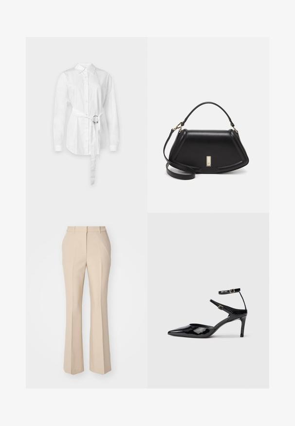 Biała koszula z długim rękawem, z paskiem w talii z metalowym pierścieniem, dopasowany krój oraz gładki bawełniany materiał.; GANT - Spodnie materiałowe; Czarne lakierowane szpilki z ostrym noskiem, regulowanymi paskami wokół kostki i smukłą szpilką. Gładka tekstura z błyszczącym wykończeniem.; Czarna skórzana torebka o strukturalnym designie, z przyciętą formą, górnym uchwytem i złotymi akcentami. W zestawie regulowany pasek na ramię.