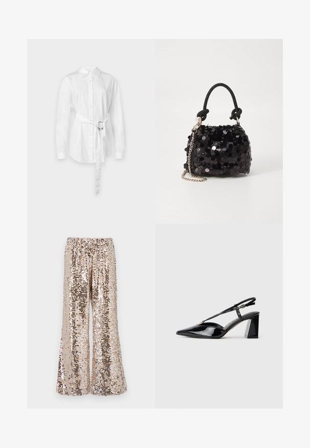 Bílá košile s dlouhým rukávem, s páskem v pase se kovovým kroužkem, přiléhavý střih a hladká bavlněná tkanina.; Přiléhavé široké kalhoty s flitry v odstínech zlata a stříbra se strečovým pasem. Mají třpytivou texturu a volný střih.; Černé lakované slingback boty na vysokém podpatku s špičatou špičkou, nastavitelným páskem a masivním obdélníkovým podpatkem.; Černá mini kabelka s flitry, s uzlovým texturovaným popruhem a stříbrným řetízkem. Zaoblený tvar s nařaseným vrchem a reflexními detaily.