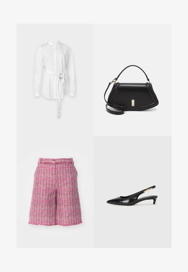 Biała koszula z długim rękawem, z paskiem w talii z metalowym pierścieniem, dopasowany krój oraz gładki bawełniany materiał.; Różowe szorty z tweedu z teksturowanym wzorem i postrzępionym dołem. Posiadają pas z zapięciem na guzik. Wykonane z lekkiego materiału, do kolan.; Czarne skórzane szpilki typu slingback z ostrym noskiem, posiadające smukły obcas i złoty akcent na regulowanym pasku. Gładka tekstura.; Czarna skórzana torebka o strukturalnym designie, z przyciętą formą, górnym uchwytem i złotymi akcentami. W zestawie regulowany pasek na ramię.