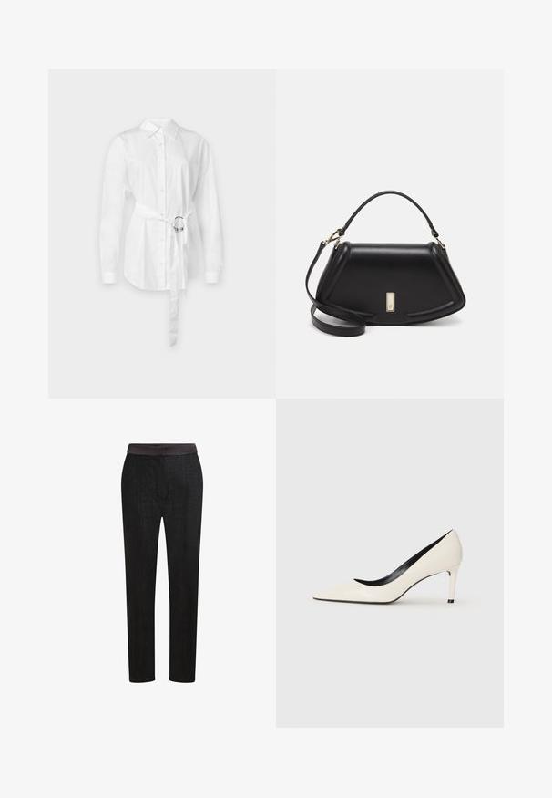 Balta poga augšējā krekls ar garām piedurknēm, jostasvietā ar metāla gredzenu, piegriezums ar pielāgošanu un gluda kokvilnas auduma.; Melni pielāgotie bikses ar gludu jostasvietu, taisnu kāju dizainu un smalku rakstu. Piemērotas gan oficiālām, gan ikdienišķām izskatām.; Balti lakota āda augstpapēžu kurpes ar norādītu purngalu, šauru papēdi un melnu iekšējo apdari. Gluda tekstūra un eleganta forma.; Melnas ādas roku soma ar struktūru, ar īsu formu, augšējo rokturi un zelta aksesuāriem. Iekļauta regulējama plecu siksna.