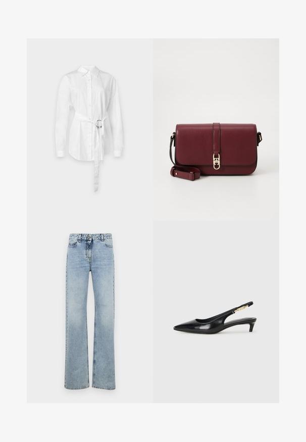 Balta poga augšējā krekls ar garām piedurknēm, jostasvietā ar metāla gredzenu, piegriezums ar pielāgošanu un gluda kokvilnas auduma.; Gai zilu džinsu bikses ar augstu jostasvietu, plašu piegriezumu, piecām kabatām un izšūtām detaļām gar šuvēm un jostasvietu.; Melnas ādas slingback zābaki ar smailu purngalu, ar šauru papēdi un zelta krāsas akcentu uz regulējama siksniņas. Gluda tekstūra.; Tommy Hilfiger LIBRE FLAP CROSSOVER - Soma ar siksnu pāri ķermenim - deep rouge