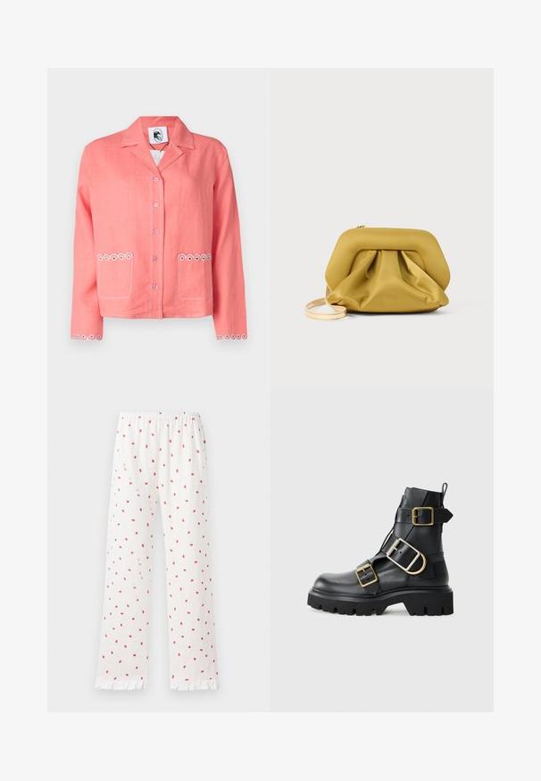 Koralo lino švarkas su iškirptu apykakle, mygtukų uždarymu, dviem priekinių kišenėmis su apvalia siuvinėta dekoro, ir dekoratyvine siūle ant rankovių.; Laisvi balti pižaminiai pantalonai su raudonais braškių raštais, tampriomis juostomis ir nertais našlaitėmis. Lengvas audinys ir tiesios kojos dizainas.; Juodas odinis kulkšninis batas su masyviu padu, turintis kelias juostas ir auksinius aksesuarus. Lygi tekstūra, tvirtas dizainas.; Geltonas, minkštos tekstūros delninukas su struktūrizuotu viršumi, surinkta apačia ir plona, nuimama juostele. Uždarymas užtrauktuku viršuje.