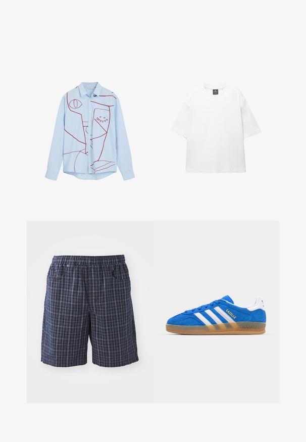 Chemise boutonnière bleu clair ornée de broderies abstraites rouges, comprenant des yeux et un motif avec des dents, avec un col classique et des manches longues.; T-shirt blanc à manches courtes en coton, avec un col rond et une coupe décontractée àOurlet droit. Sans motifs ni embellissements.; Shorts à carreaux bleu marine avec une taille élastique, dotés de poches et d'une coupe ample. Fabriqués en tissu léger avec un motif à carreaux.; Baskets en daim bleu avec des rayures blanches et le texte "Gazelle". Présentent une semelle en caoutchouc à gomme et des accents texturés sur le dessus. Design classique.