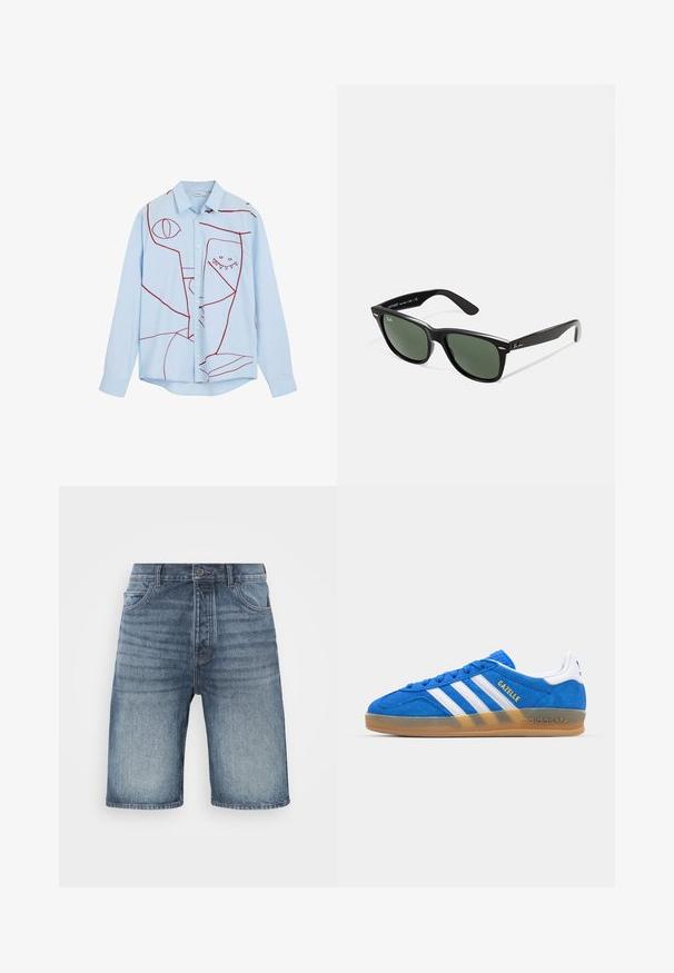 Világoskék gombos ing, piros absztrakt hímzéssel, beleértve szemeket és fogszerű mintát, klasszikus gallérral és hosszú ujjal.; Világoskék, koptatott farmer rövidnadrág, gombos derékpánttal, két elülső zsebből és varrott részletekből áll a varratok mentén.; Kék velúrbőr sneaker fehér csíkokkal és "Gazelle" felirattal. Gumi talppal és textúrázott díszítéssel a felső részen. Klasszikus dizájn.; Fekete műanyag napszemüveg zöld lencsékkel, négyzet alakú kerettel, ezüst díszítéssel a keret felső részén, valamint texturált szárakkal. A márka neve a belső száron található.
