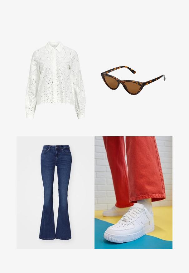 Λευκό πουκάμισο μακρύ μανίκι με γιακά, με κεντημένα σχέδια από φίδι και κουμπιά κατά μήκος του μπροστινού μέρους.; Σκούρες μπλε καμπάνα τζιν από βαμβακερό τζιν. Διαθέτει εφαρμοστό μέσο, σχέδιο με πέντε τσέπες και υπ subtle ραφές.; Λευκό δερμάτινο αθλητικό Παπούτσι με τρύπες στην μύτη, υφασμάτινη σόλα και λευκές κορδόνι, συνδυασμένο με φαρδιά κόκκινα παντελόνια και μπλε-κίτρινο φόντο.; Γυαλιά ηλίου τύπου cat-eye με μαύρο και πορτοκαλί καβούκι, καφέ φακούς και κομψές, μυτερές άκρες. Φέρουν ένα μίνιμο λογότυπο στο βραχίονα.