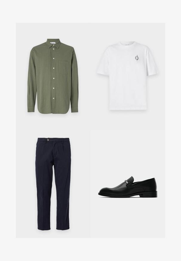Ilgiem piedurknēm krekls olīvzaļā krāsā, teksturēta auduma, ar pogu aizdari priekšpusē, viena krūšu kabata un klasiskā apkakle.; Bāla kokvilnas t-kreklu ar brīvu piegulšanu, kuram uz kreisā krūšu apvidus ir neliels melns grafiskais logotips. Īsas piedurknes, apaļas kakla izgriezums.; Jūras zilas, taisnas kājas kokvilnas chinos bikses ar vienu pogu un slīpiem sānu kabatām. Gluda tekstūra ar minimālu krokām.; Melna ādas vīriešu loafer kurpe ar metāla sprādzi, zemu papēdi un zīmola zoli, attēlota no sāniem uz baltā fona.