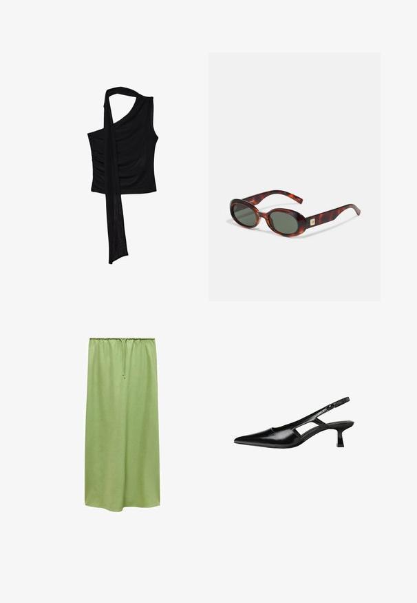 Top smanicato nero con una sola spallina, caratterizzato da un accento fluido e drappeggiato e una texture laterale arricciata. Realizzato in un tessuto morbido.; Mango Gonna lunga - light green; Tacchi slingback in pelle verniciata nera con punta affusolata, design con tagli laterali e tacco quadrato piccolo. Texture liscia con dettagli minimi.; Occhiali da sole a tartaruga con lenti scure, forma ovale e aste larghe. Presentano un piccolo accento dorato sul lato. Materiale in plastica liscia.