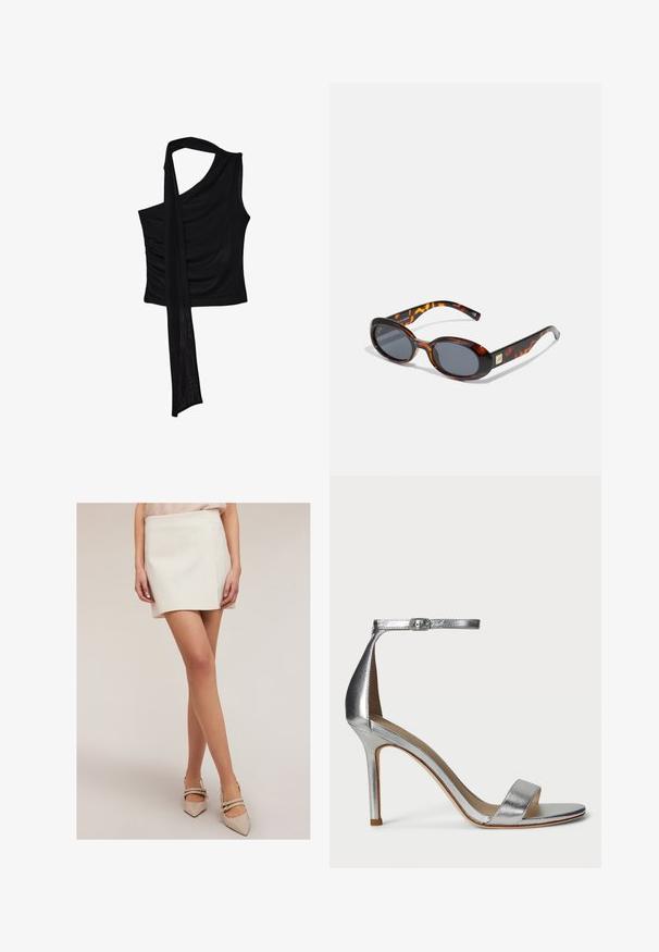 Top smanicato nero con una sola spallina, caratterizzato da un accento fluido e drappeggiato e una texture laterale arricciata. Realizzato in un tessuto morbido.; Mini gonna bianca con taglio dritto e leggero luccichio. Indossata con décolleté beige a punta con doppi lacci alla caviglia. Tessuto dalla texture liscia.; Sandal con tacco alto argento, dotato di una sottile fascetta per le dita, cinturino alla caviglia con chiusura a fibbia, design elegante e texture metallica liscia.; Occhiali da sole tartaruga marrone con lenti ovali e tonalità grigio scuro. Presentano un accento in tono oro sulle astine. Texture in plastica liscia.; Borsa bianca con silhouette curva, in pelle texturizzata, con hardware dorato e una tracolla removibile con dettagli di logo e fibbia.