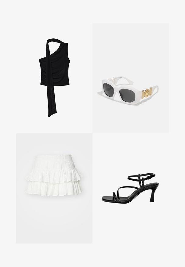 Svart ärmlös topp med en enda axelrem, med ett flödande, draperat accent och samlad sidstruktur. Tillverkad av ett mjukt tyg.; Vit lager-skorts med texturerad tyg och elastisk midja. Har tre volanglager med ett subtilt ögla-mönster.; Svarta läderklacksandaler med tunna remmar, kvadratisk tå och stilettklack. Justerbar ankelrem för passform. Slät textur.; Vita oktagonala solglasögon med mörka linser. Har detaljer i guld och en strukturerad design på skalmarna.; Svart syntetisk axelväska med en rundad siluett, strukturerad yta, guldtriangel-logotyp och avtagbara hårdvaruaccentuer.