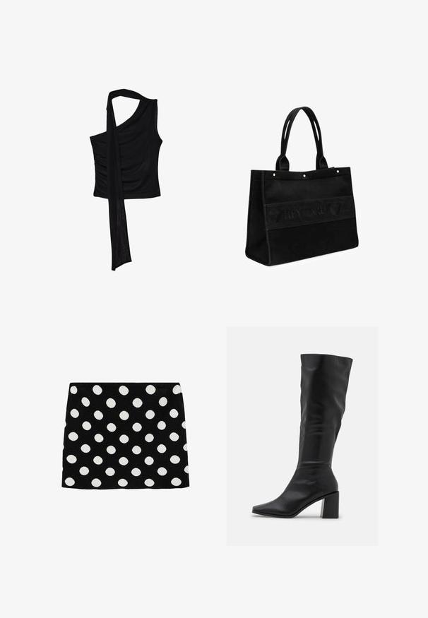 Haut sans manches noir avec une seule bretelle, mettant en valeur un accent fluide et drapé ainsi qu'une texture froncée sur le côté. Fabriqué à partir d'un tissu doux.; Jupe noire avec de grands pois blancs, fabriquée en tissu doux avec une finition texturée. L'ourlet est droit, sans matériel visible.; RAID BLICK - Bottes - black; Sac fourre-tout en toile noire avec deux poignées, arborant une bande de logo en relief et de petits détails en métal. Forme rectangulaire, construction robuste.