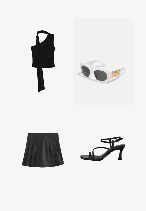 Musta hihaton toppi yhdellä olkaimella, jossa on virtaava, laskostettu yksityiskohta ja rypistetty sivutekstuuri. Valmistettu pehmeästä kankaasta.; Mustaherkkua minihame, jossa on joustava vyötärönauha. Valmistettu sileästä kankaasta, jossa on useita pystysuoria poimuja tekstuurin ja muotoilun vuoksi.; Mustakasta nahkaa olevat avokkaat, joissa on ohuet remmit, neliömäinen kärki ja korkea korko. Säädettävä nilkkaremmi mukauttaa istuvuutta. Sileä pinta.; Valkoiset oktaaliset aurinkolasit tummilla linsseillä. Varustettu kullansävyisillä metalliosilla ja teksturoidulla muotoilulla varsissa.; Musta synteettinen olkalaukku, jossa on kaareva siluetti, teksturoitu pinta, kultainen kolmion logo ja irrotettavat varusteet.