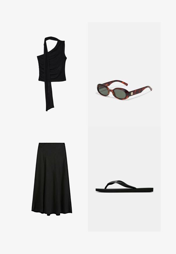 Haut sans manches noir avec une seule bretelle, mettant en valeur un accent fluide et drapé ainsi qu'une texture froncée sur le côté. Fabriqué à partir d'un tissu doux.; Jupe maxi noire en tissu lisse, avec une silhouette évasée et un design fluide qui tombe jusqu'aux chevilles, avec un ourlet net.; Tong sandale en caoutchouc noir avec une bride en T texturée et une semelle plate simple, montrée de côté sur un fond clair.; Lunettes de soleil en écaille de tortue avec verres foncés, en forme ovale et avec des branches larges. Présente un petit accent doré sur le côté. Matériau en plastique lisse.; Sac à main blanc avec une silhouette courbée, en cuir texturé, matériel doré et une bandoulière amovible avec un logo et un détail de boucle.