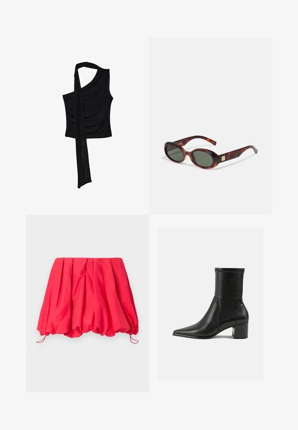 Črna brezrokavna majica z enim naramnicom, ki ima tekoč, drapiran poudarek in nabran stranski vzorec. Narejena iz mehkega blaga.; Rdeča, nabrana mini krila iz lahkega materiala; ima elastičen rob z vrvicami za prilagodljivo prileganje. Gladka tekstura.; Črne gležnjarje iz gladkega usnja, z izostrenim nosom, blokastim peto in izrazitim povišanim šivom na zgornjem robu.; Svetlo-rjava sončna očala v obliki ovala z temnimi lečami in širokimi ročaji. Imajo majhen zlat detajl na strani. Gladek plastičen material.; Črna usnjena hobo torba z mehko, ukrivljeno obliko. Ima zadrgo na vrhu in kratko, okroglo ročico. Gladka tekstura.