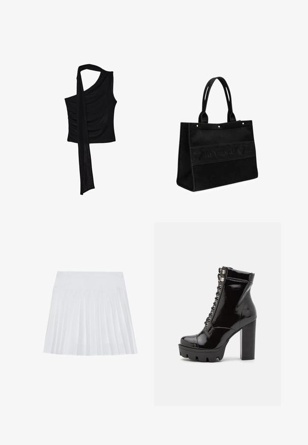 Haut sans manches noir avec une seule bretelle, mettant en valeur un accent fluide et drapé ainsi qu'une texture froncée sur le côté. Fabriqué à partir d'un tissu doux.; Jupe plissée blanche avec une taille lisse. Fabriquée en tissu léger et texturé. Présente des plis verticaux réguliers sur toute sa surface.; RAID KYNLEE - Bottines à lacets - black; Sac fourre-tout en toile noire avec deux poignées, arborant une bande de logo en relief et de petits détails en métal. Forme rectangulaire, construction robuste.