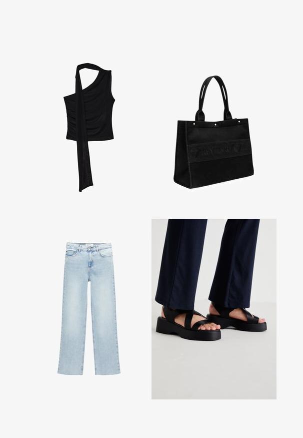 Schwarzes ärmelloses Oberteil mit einem einzelnen Schulterriemen, das eine fließende, drapierte Akzentuierung und geraffte Seitenstruktur aufweist. Hergestellt aus einem weichen Stoff.; Helle blaue, weite Jeans aus Denim mit hoher Taille, fünf Taschen und einem Knopfverschluss. Verfügt über minimale Nahtdetails.; Schwarze Plattformsandalen mit breiten, gekreuzten Riemen und einer dicken Sohle. Das Obermaterial besteht aus glattem Material und hat ein offenes Zehen-Design.; Schwarze Canvas-Tragetasche mit zwei Tragriemen, die mit einem geprägten Logo-Band und kleinen Hardware-Details versehen ist. Rechteckige Form, robuste Verarbeitung.